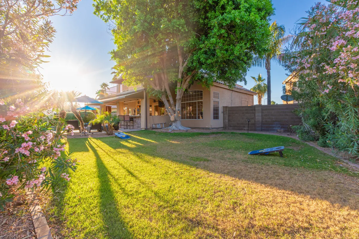A sun-dappled backyard featuring a large shade tree, flowering plants, a lush green lawn, and a back patio. Sunlight filters through the branches, inviting both play and relaxation. The space offers plenty of room for kids to play lawn games and families to gather for outdoor fun.