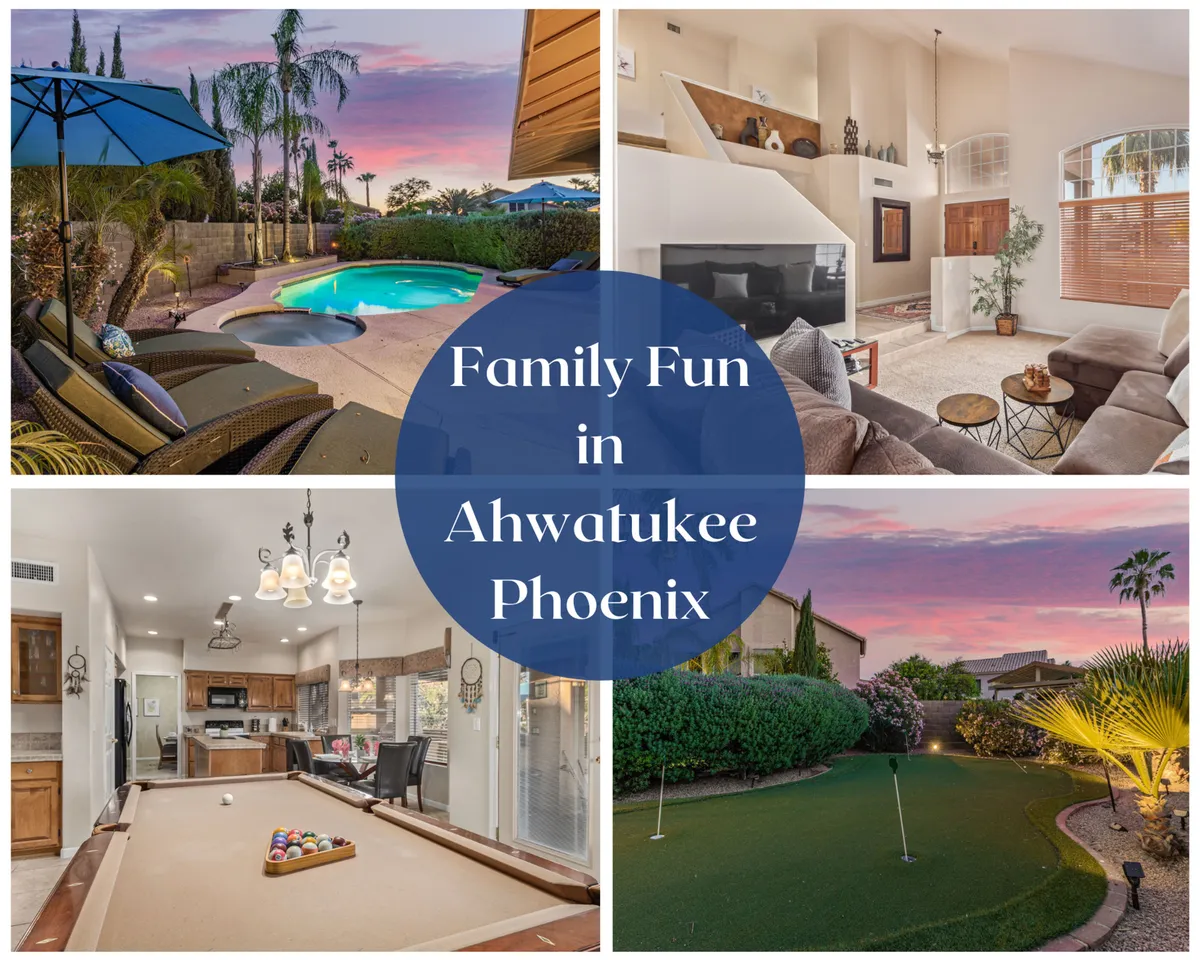 The image showcases a stunning backyard oasis at sunset, featuring a sparkling heated pool and spa surrounded by elegant loungers. To one side, a vibrant putting green invites friendly competition, while a covered patio hints at outdoor dining and relaxing evenings. Through expansive glass doors, the stylish living room and a pool table create a seamless indoor-outdoor entertainment space, all set against the warm, inviting colors of the Arizona sky.
